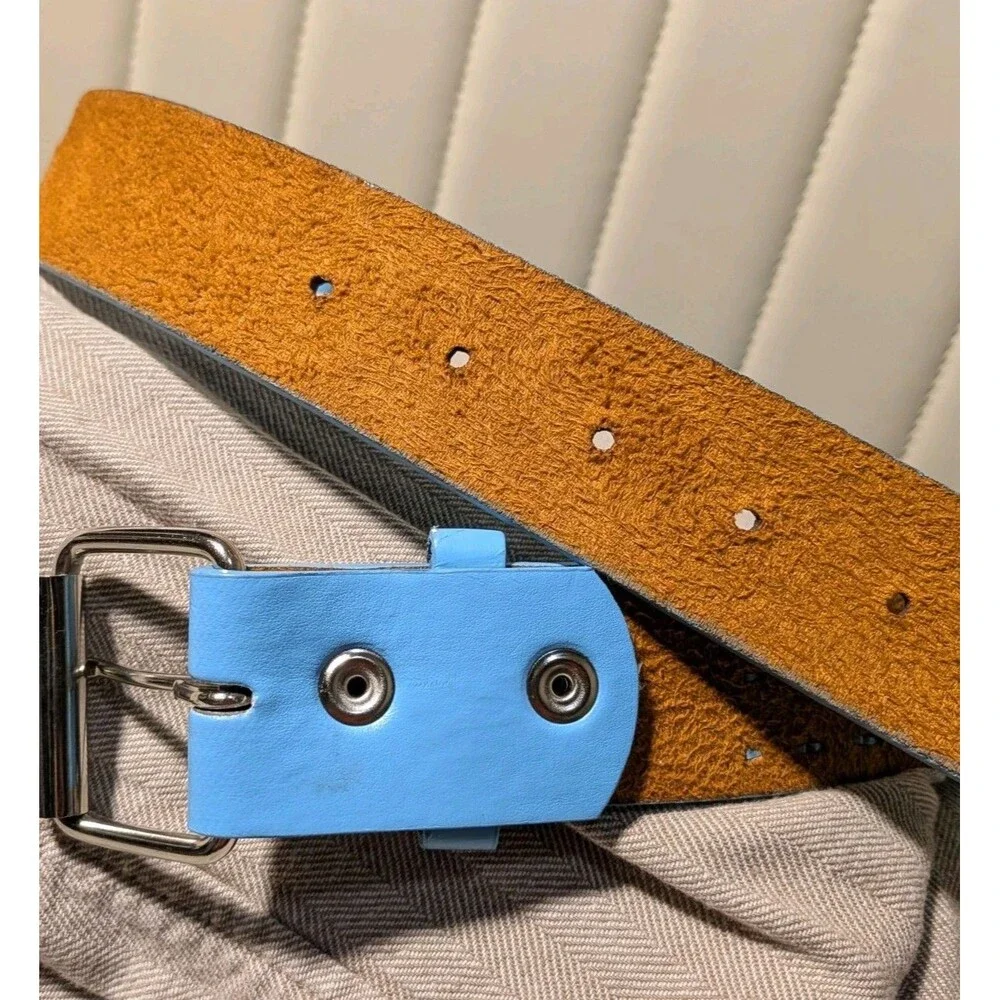 Snap Punk Rock Star Skate Pyramid Studded Checker Board Leather Light Blue Belt